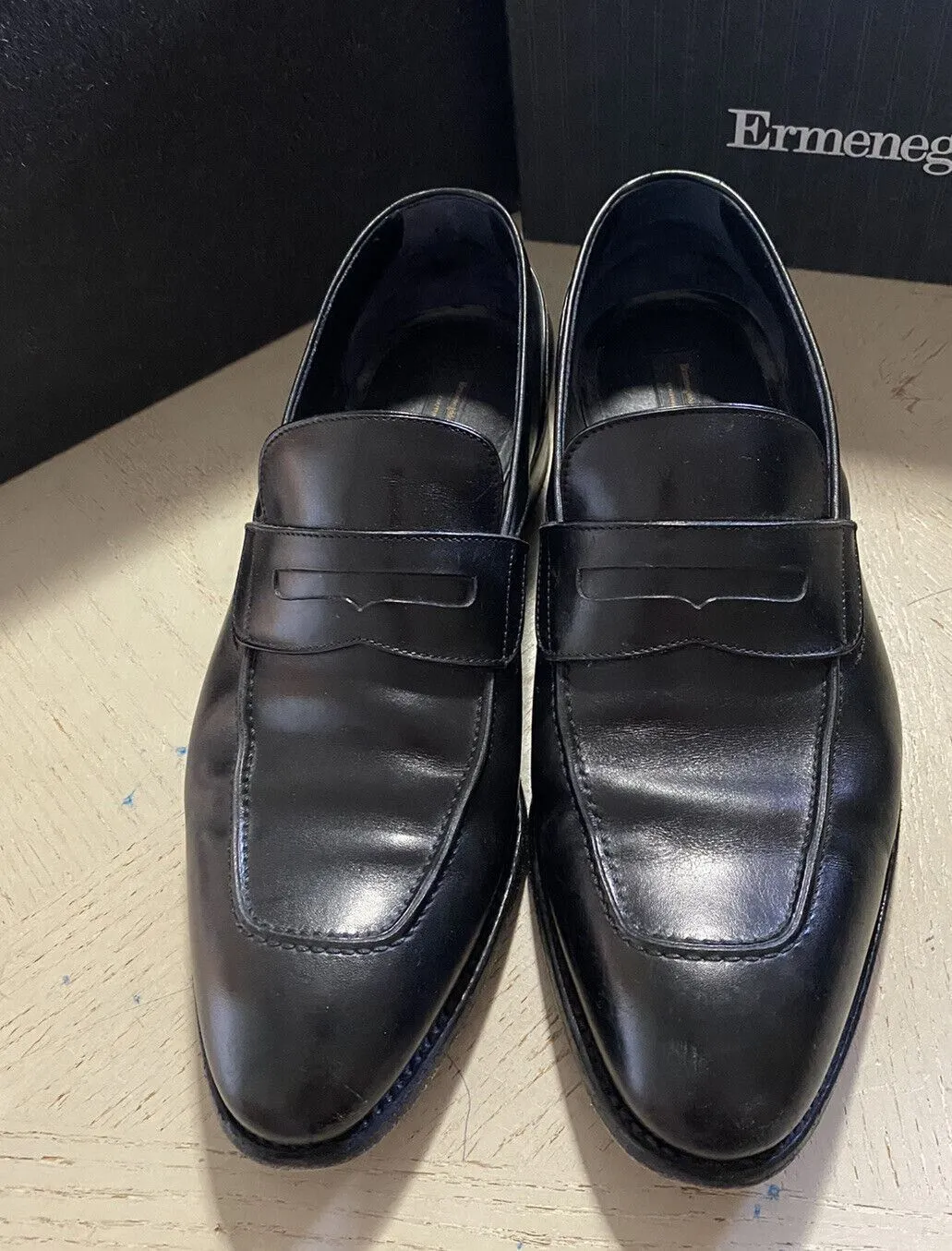$1295 Ermenegildo Zegna Couture Leather Loafers Shoes Black 9.5 US ( 42.5 Eu )