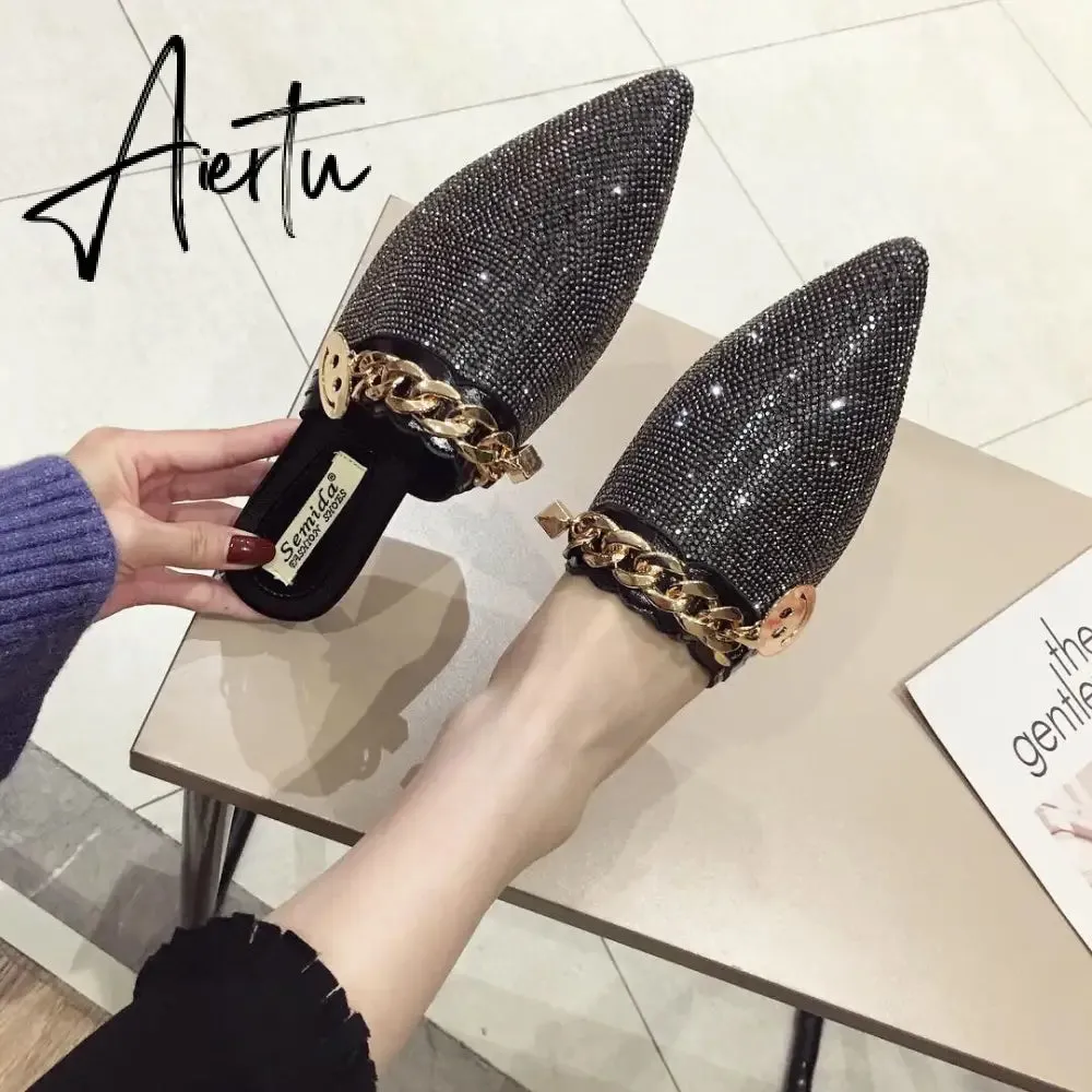 Aiertu Women Mules Luxury Flats Fashion Loafers Designer Shoes Summer Slippers Pointed Toe Slides Slip on Wedding Casual Ladies Sandals