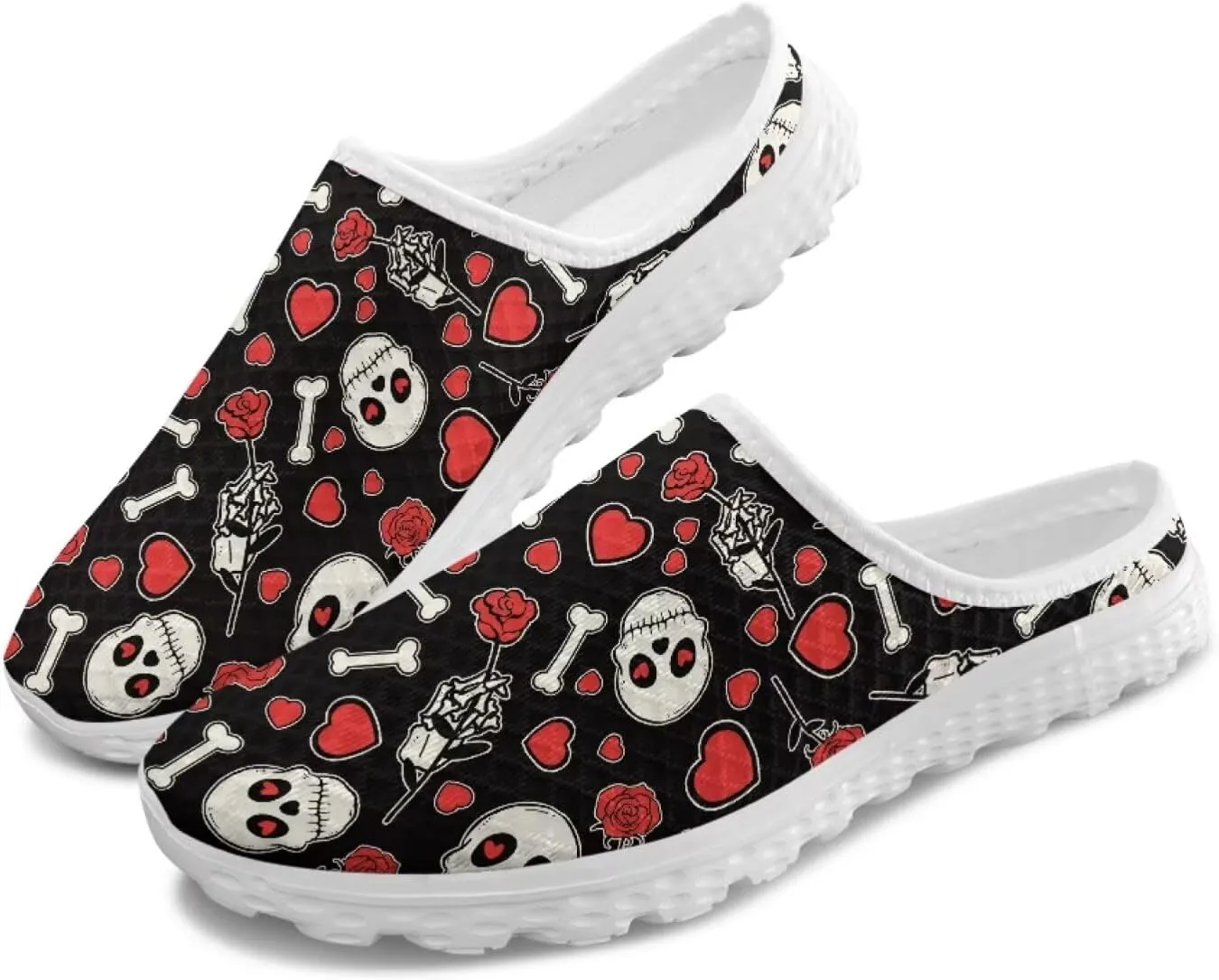 Art Skull Design Women Mesh Mules Memory Foam Flat Anti-Slip Fashion Sneakers Comfortable Slip-On Mule Garden Shoes