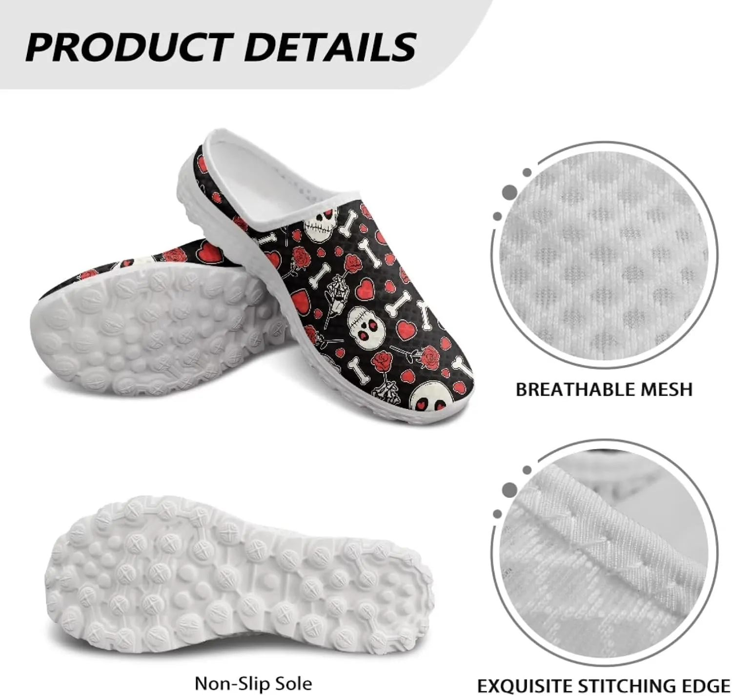 Art Skull Design Women Mesh Mules Memory Foam Flat Anti-Slip Fashion Sneakers Comfortable Slip-On Mule Garden Shoes