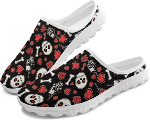 Art Skull Design Women Mesh Mules Memory Foam Flat Anti-Slip Fashion Sneakers Comfortable Slip-On Mule Garden Shoes