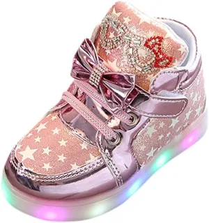 Baby Girls Glitter Bow Sneaker Toddler Light Up Soft Sole Sport Shoes Outdoor Indoor Fashion First Walking Non Slip