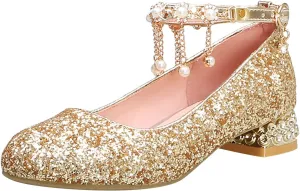 Baby Girls Mary Jane Dress Shoes Rhinestones Pearls Flower Little Girl Wedding Low Heels Toddler Kids Pump Shoes