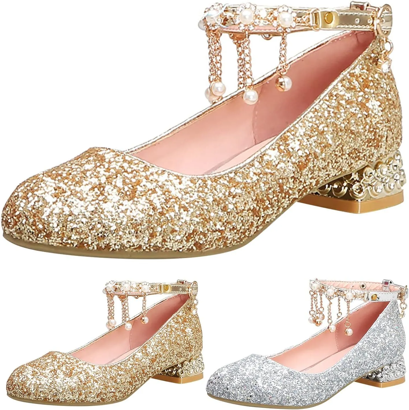 Baby Girls Mary Jane Dress Shoes Rhinestones Pearls Flower Little Girl Wedding Low Heels Toddler Kids Pump Shoes