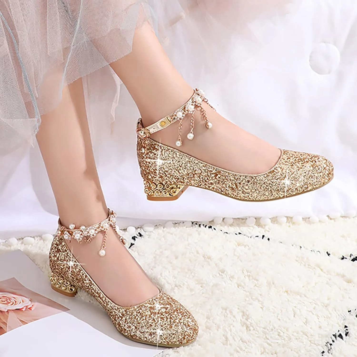 Baby Girls Mary Jane Dress Shoes Rhinestones Pearls Flower Little Girl Wedding Low Heels Toddler Kids Pump Shoes