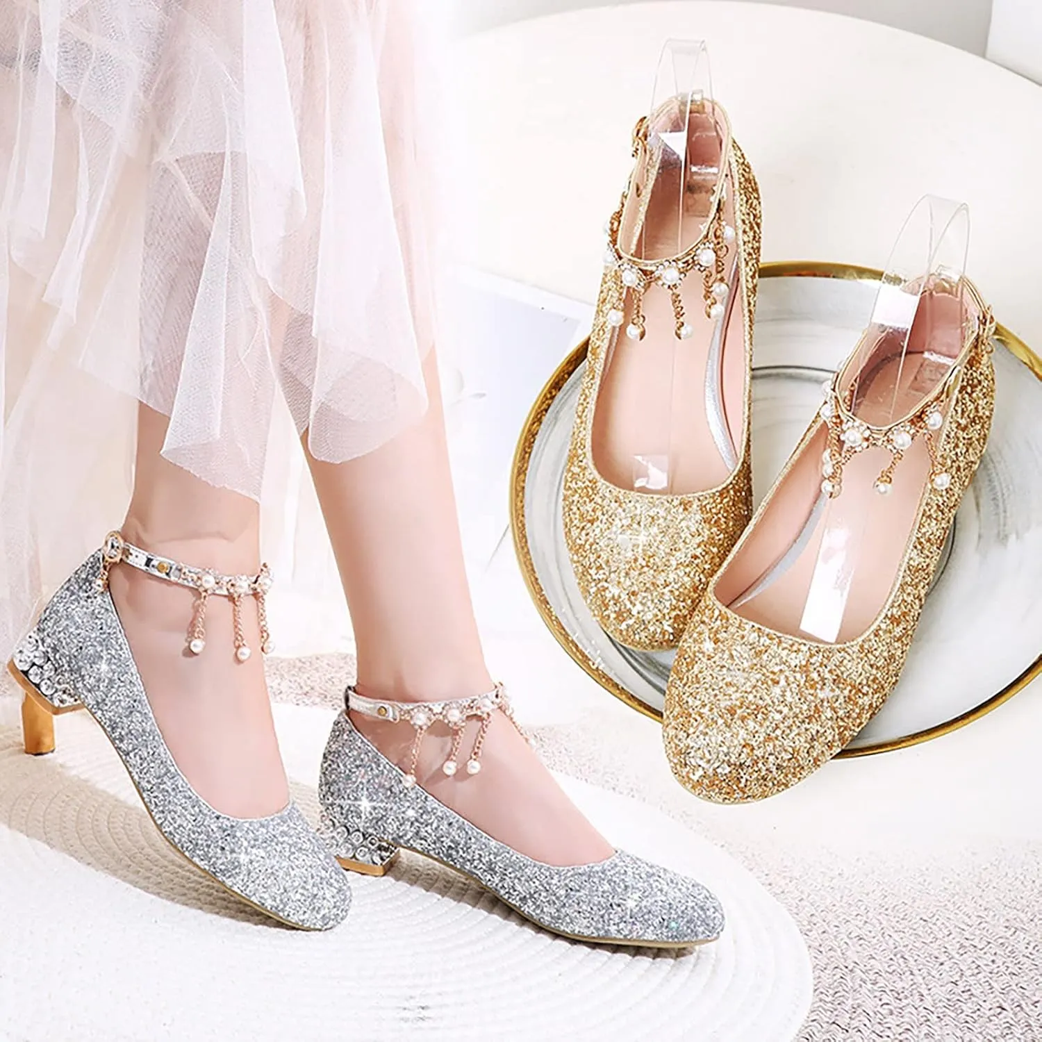 Baby Girls Mary Jane Dress Shoes Rhinestones Pearls Flower Little Girl Wedding Low Heels Toddler Kids Pump Shoes