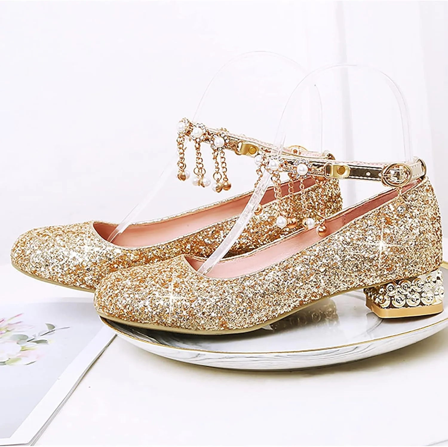 Baby Girls Mary Jane Dress Shoes Rhinestones Pearls Flower Little Girl Wedding Low Heels Toddler Kids Pump Shoes
