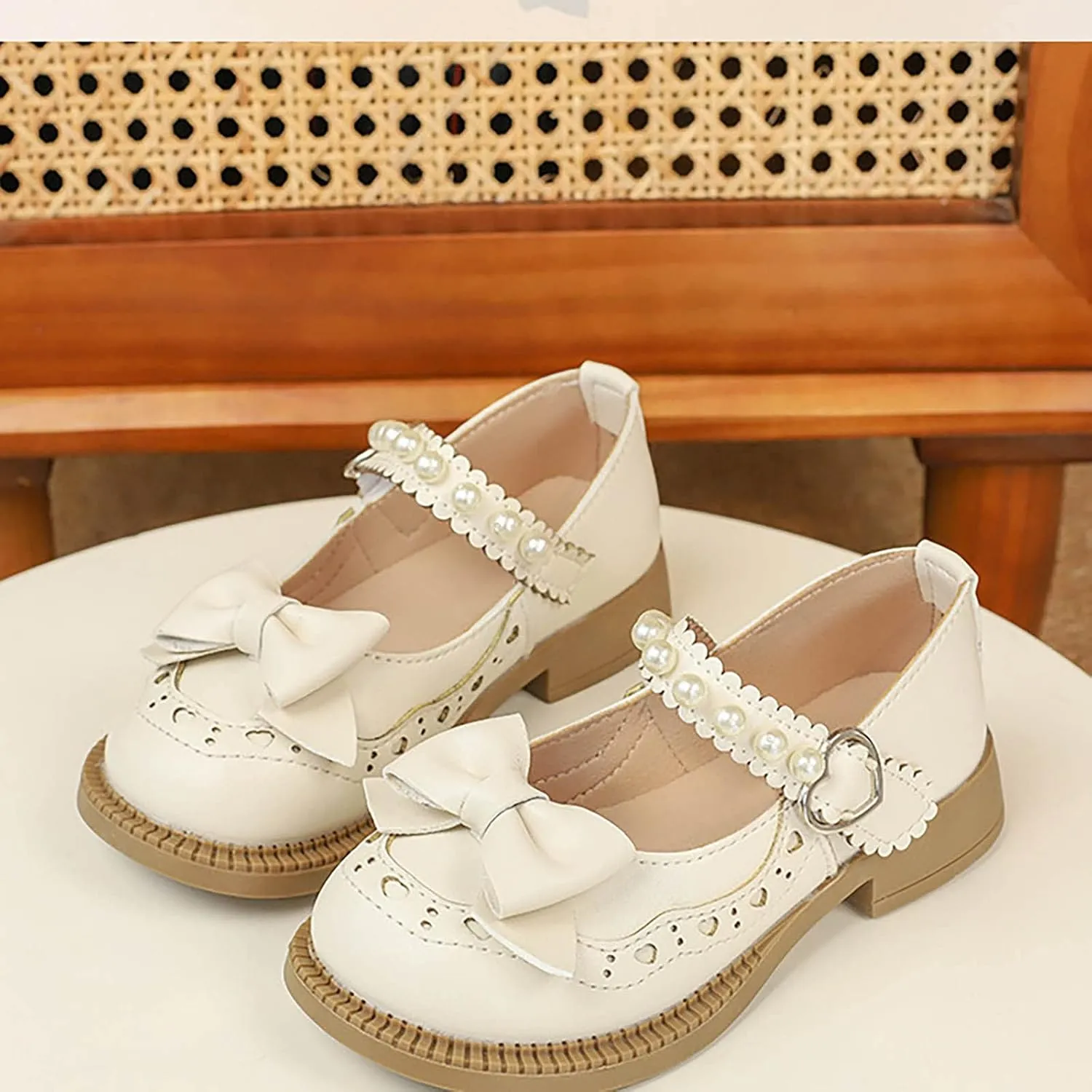 Baby Girls Mary Jane School Uniform Shoes Toddler Flower Kid Dress Shoes Pearls Bow Low Heels for Party Wedding