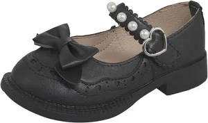 Baby Girls Mary Jane School Uniform Shoes Toddler Flower Kid Dress Shoes Pearls Bow Low Heels for Party Wedding