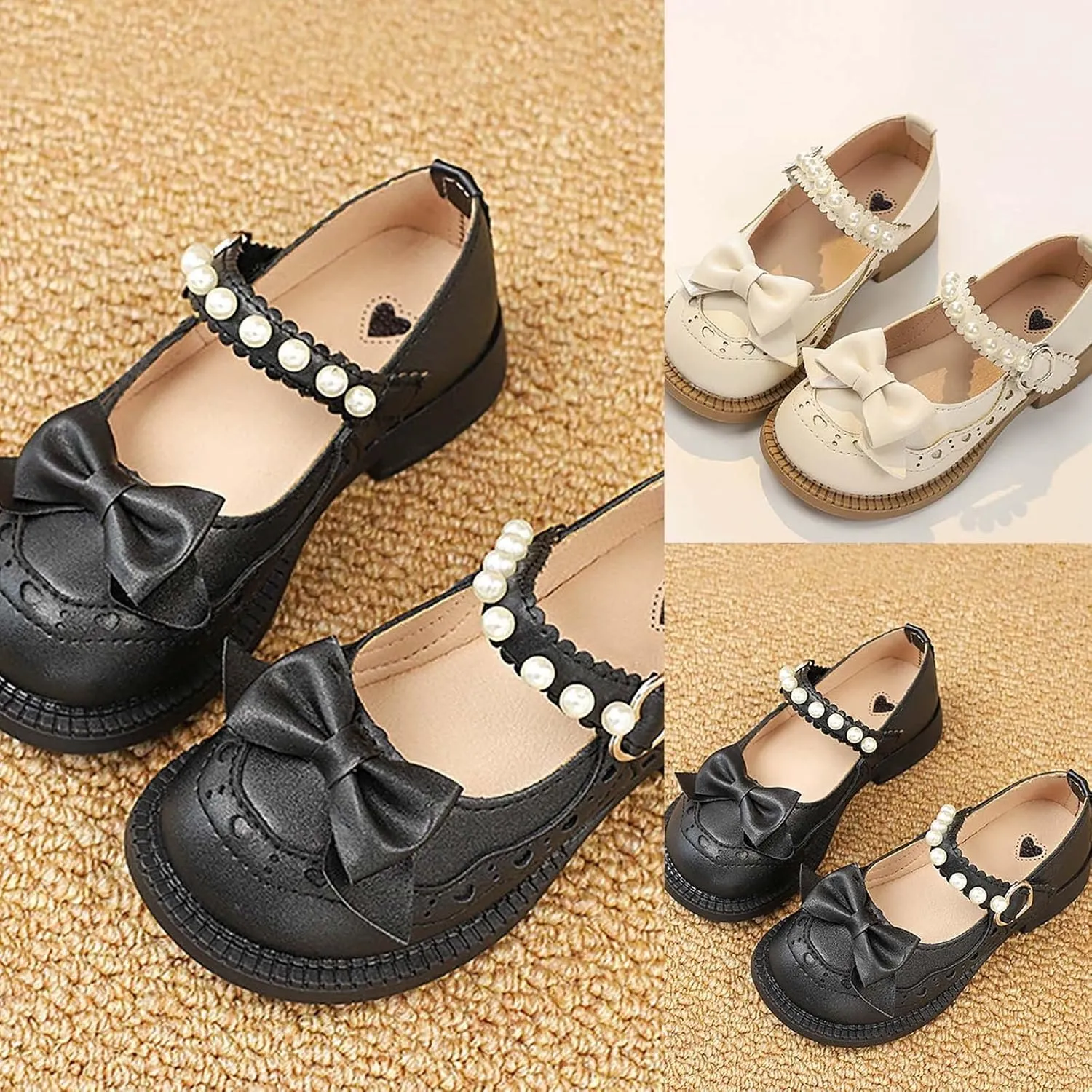 Baby Girls Mary Jane School Uniform Shoes Toddler Flower Kid Dress Shoes Pearls Bow Low Heels for Party Wedding