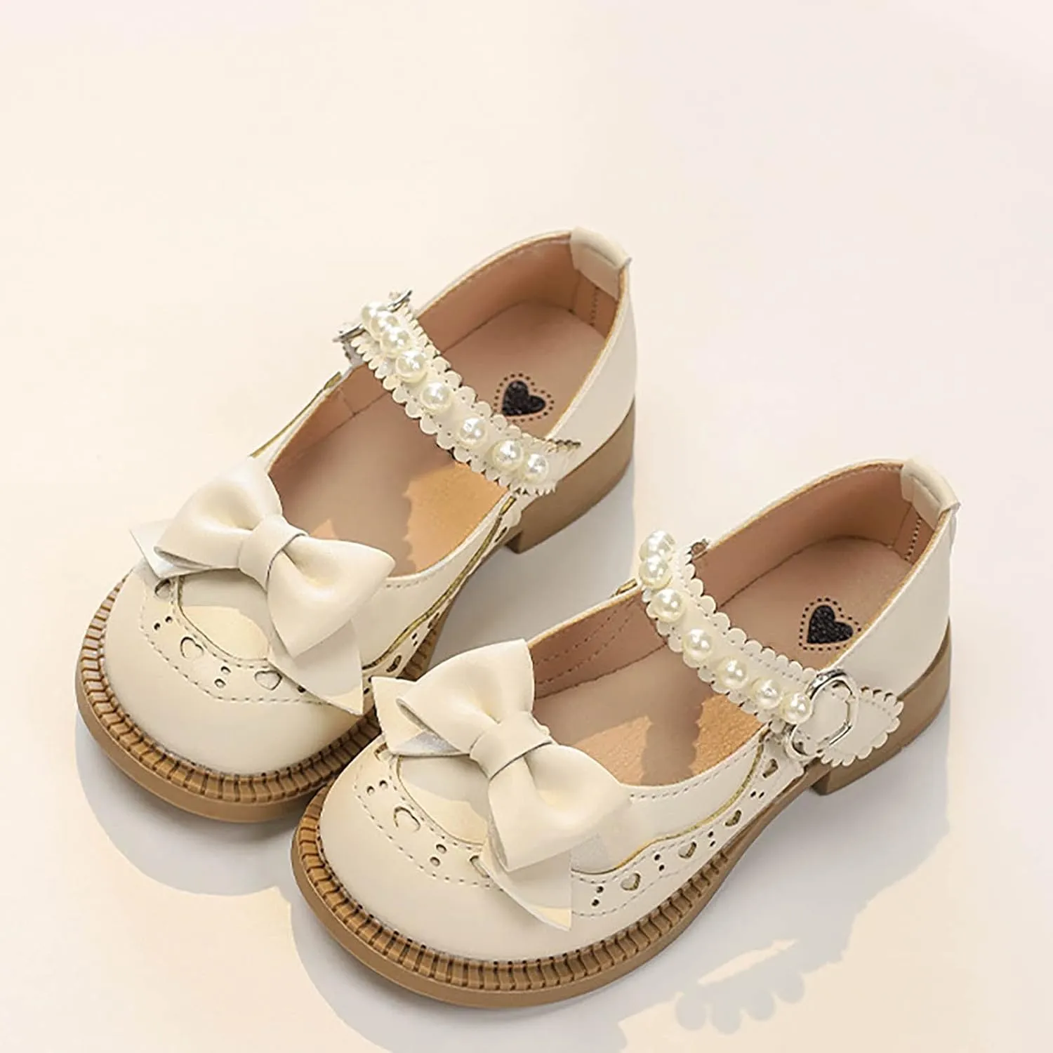 Baby Girls Mary Jane School Uniform Shoes Toddler Flower Kid Dress Shoes Pearls Bow Low Heels for Party Wedding