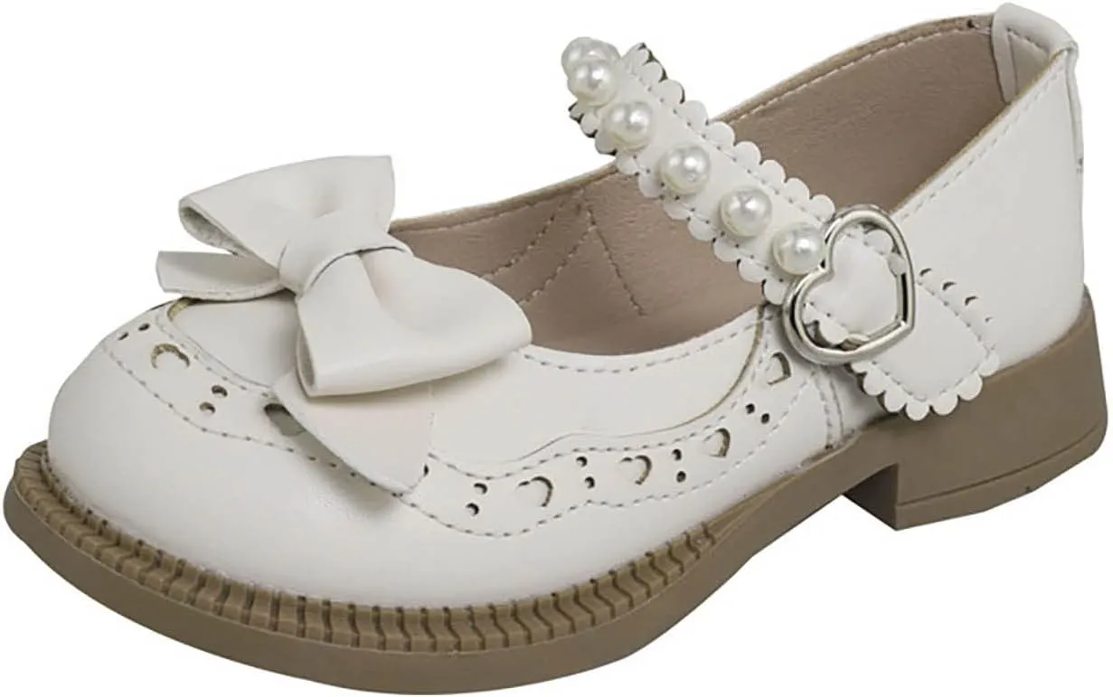 Baby Girls Mary Jane School Uniform Shoes Toddler Flower Kid Dress Shoes Pearls Bow Low Heels for Party Wedding