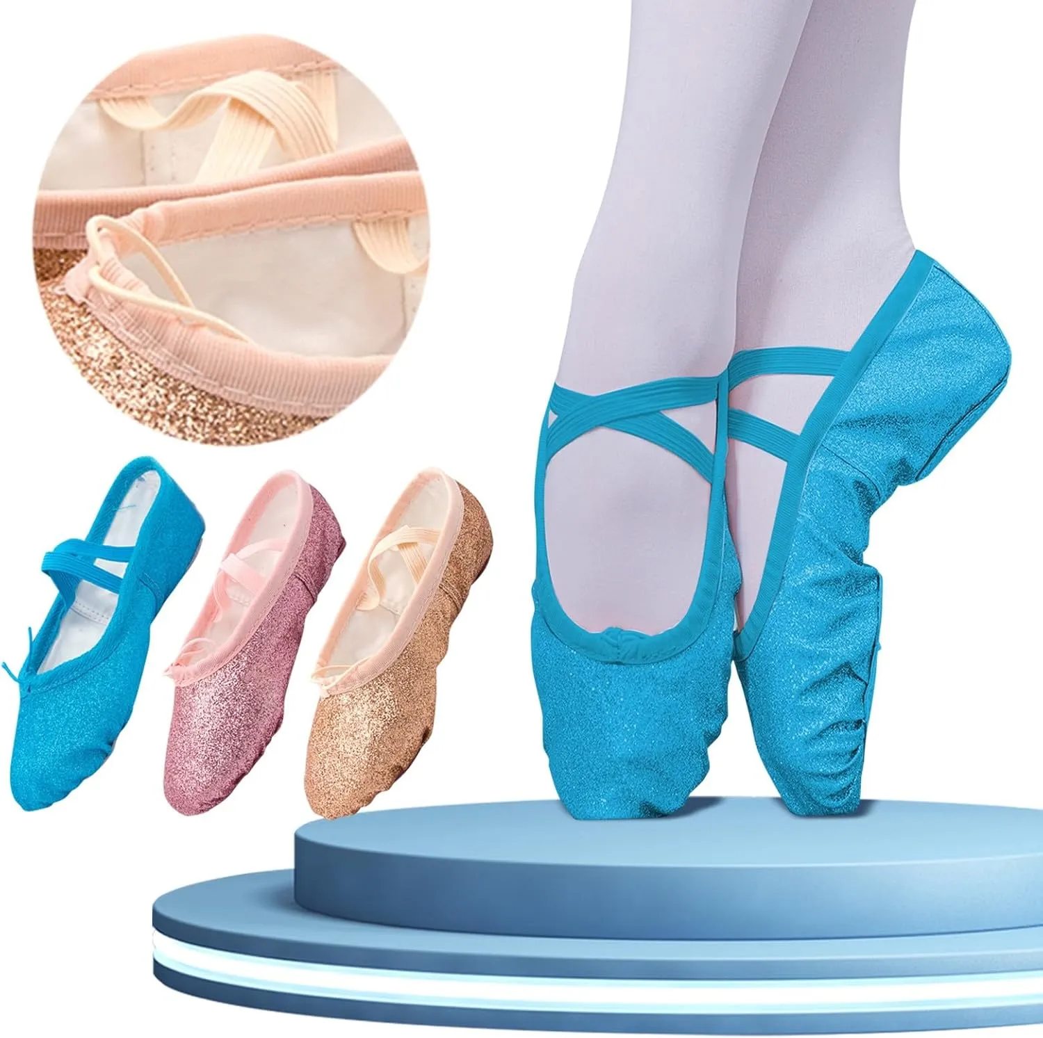 Ballet Glitter Shoes Split-Sole for Girls Toddler Dance Slippers with Elastic Laces for Toddler Ballet Flat
