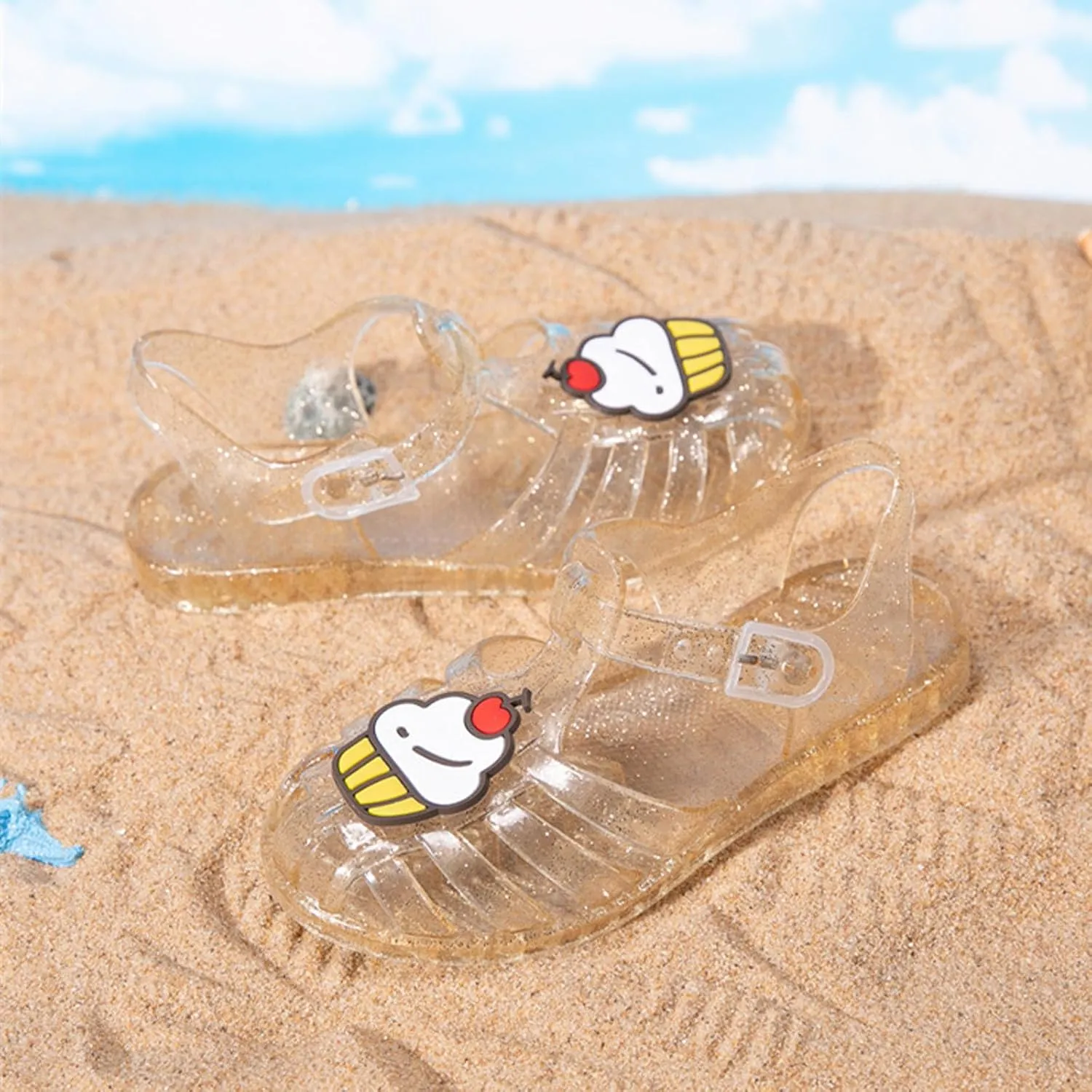Crystal Jelly Low Heel Sandals,Cute Summer Closed Toe SlingAnkle Strap Sheer Soft Fisherman Beach Shoes Footwear