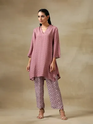 Dark Mauve Bandhani Printed Silk Collared Co-Ord Set
