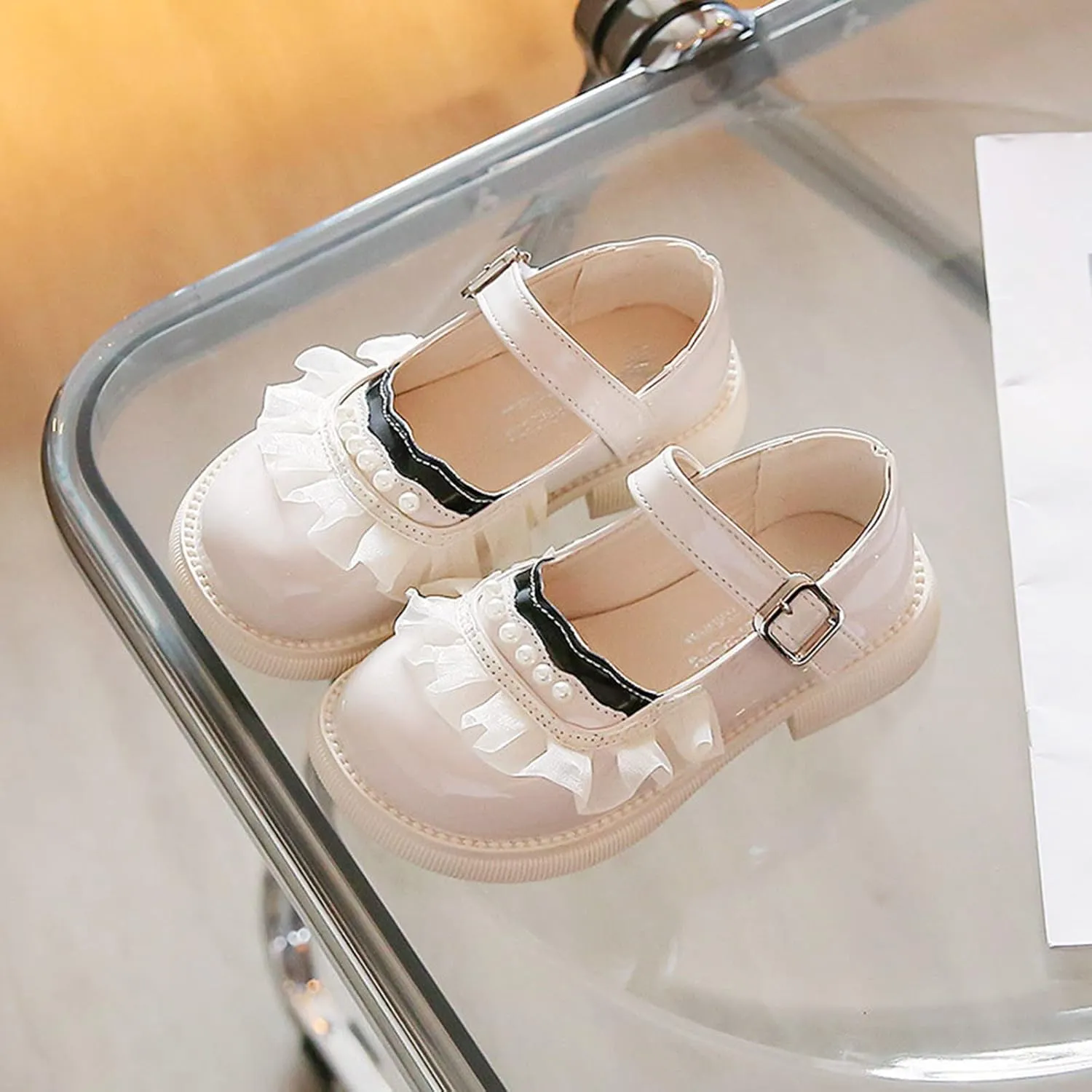 Fashion Spring Summer Children Casual Shoes Girls Leather Shoes Dress Shoes Comfortable Pearl Lace Hiking Boots Kids (White, 3-3.5 Years Toddler)