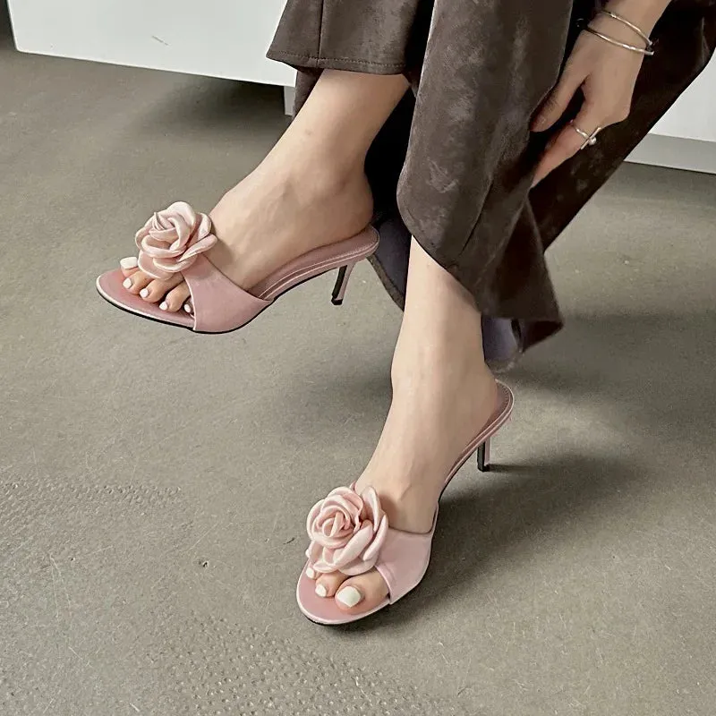 Flower Low Heel satin mules sandals