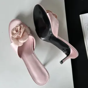 Flower Low Heel satin mules sandals