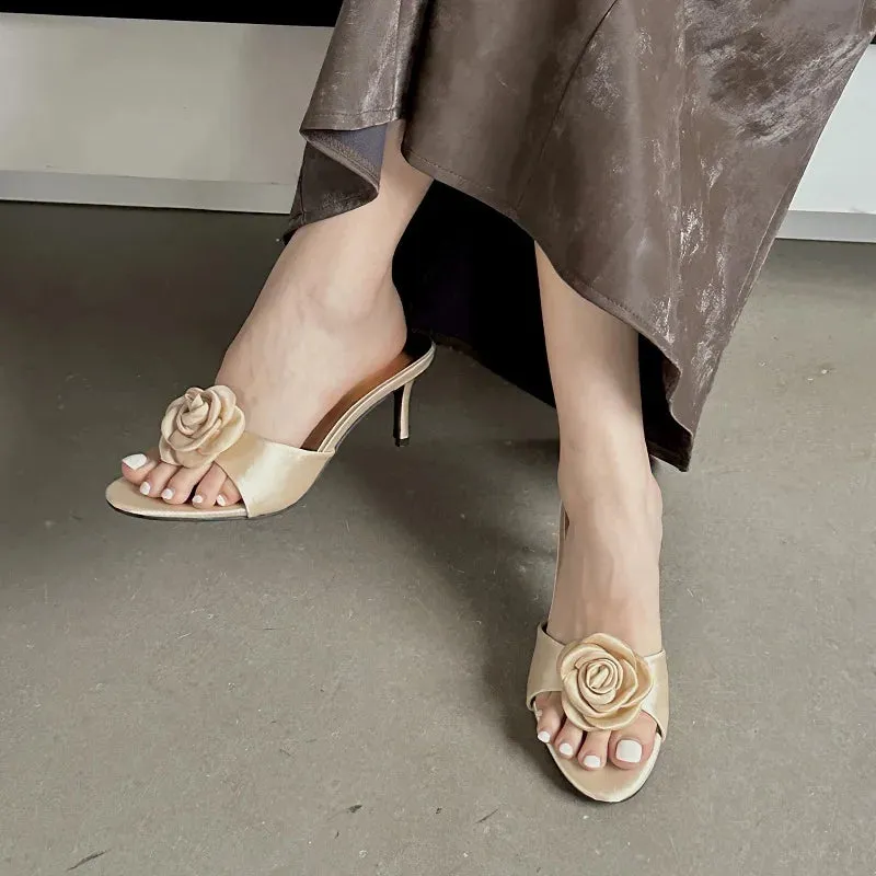 Flower Low Heel satin mules sandals