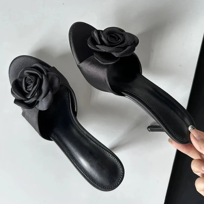 Flower Low Heel satin mules sandals