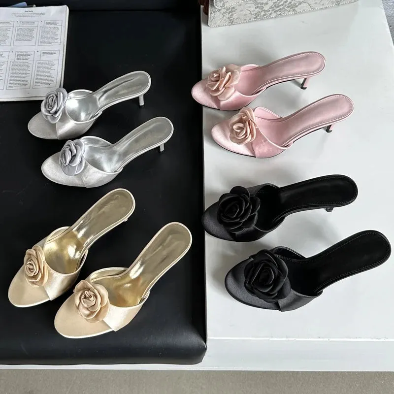 Flower Low Heel satin mules sandals