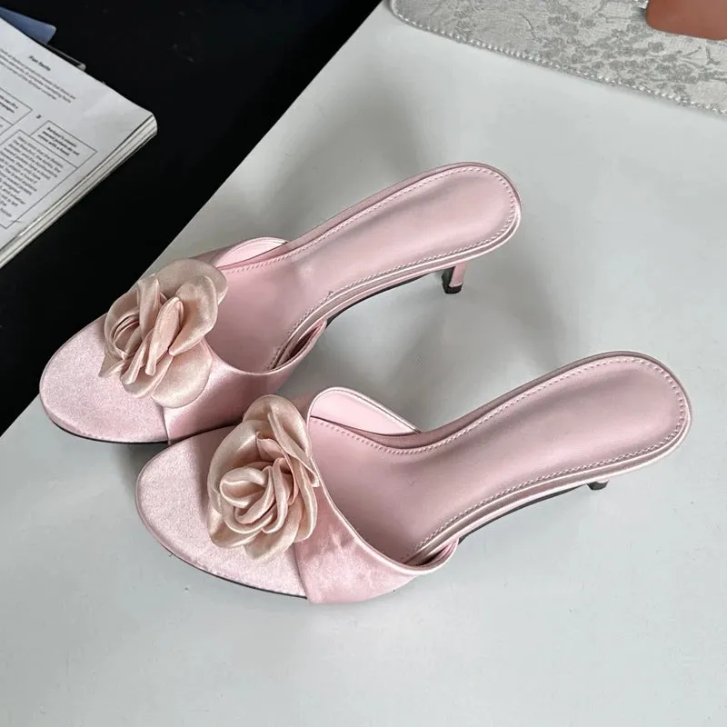 Flower Low Heel satin mules sandals