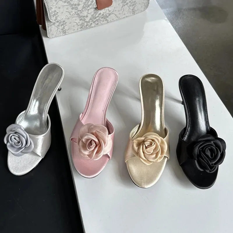 Flower Low Heel satin mules sandals