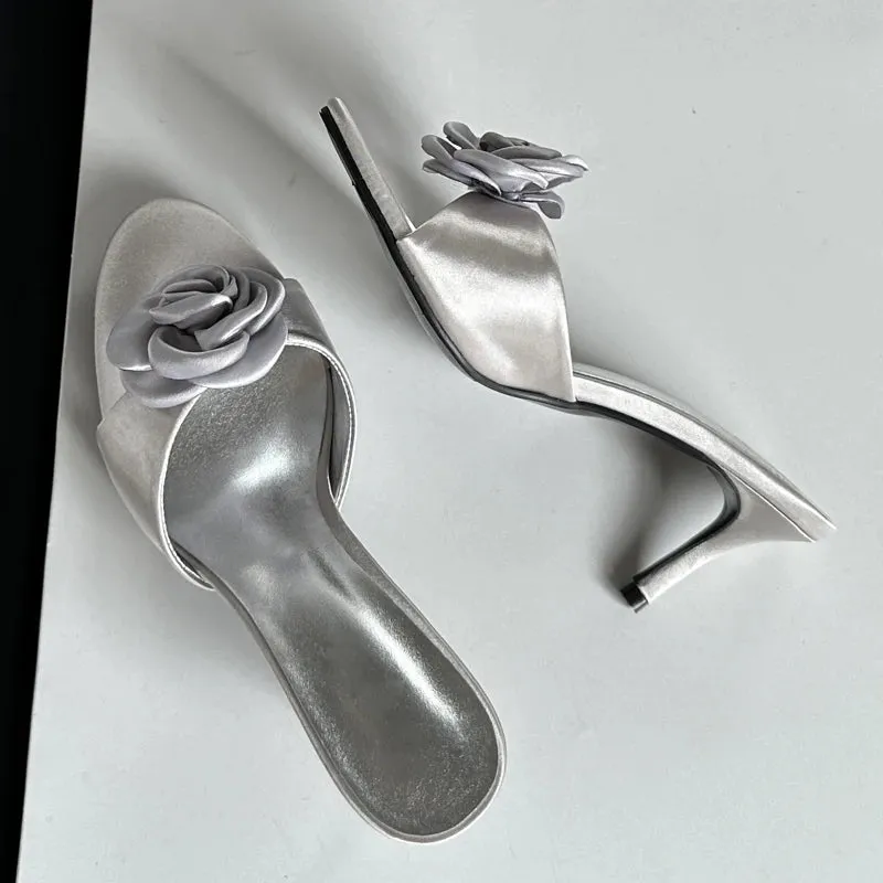 Flower Low Heel satin mules sandals
