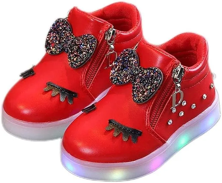 Girls Boots Baby Toddler Fashion Short Booties Cute Bowknot Crystal Boots Shoes Kids Zipper Led Luminous Sneaker