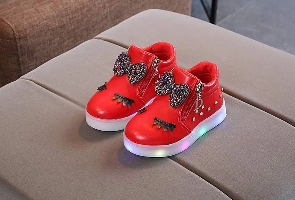 Girls Boots Baby Toddler Fashion Short Booties Cute Bowknot Crystal Boots Shoes Kids Zipper Led Luminous Sneaker