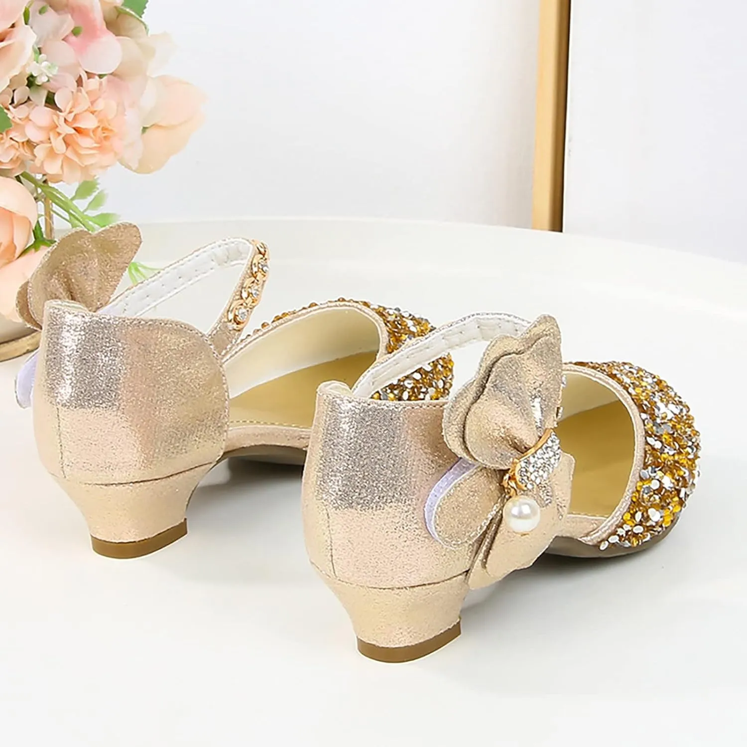 Girls Low Heel Sparkly Dress Shoes Mary Jane Flower Girls Wedding Birthday Pary Dress Shoes Big Girls Sandals Size 3