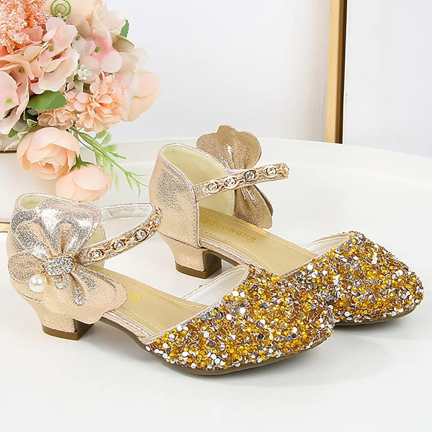 Girls Low Heel Sparkly Dress Shoes Mary Jane Flower Girls Wedding Birthday Pary Dress Shoes Big Girls Sandals Size 3