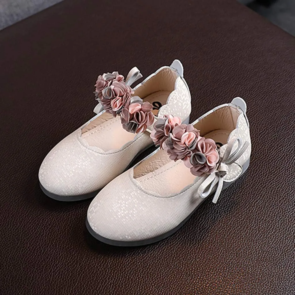 Girls Mary Jane Dress Shoes Flowers Strap Bows Flower Girl Wedding Low Heels Little Girls Pump Shoes