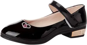 Girls Mary Jane Dress Shoes for Girls Low Heel Princess Heart hinestones Hook and Loop Pary Wedding Flat