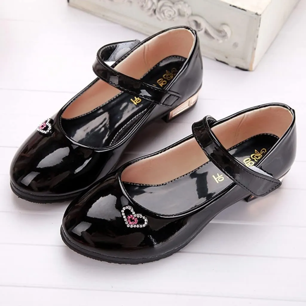 Girls Mary Jane Dress Shoes for Girls Low Heel Princess Heart hinestones Hook and Loop Pary Wedding Flat