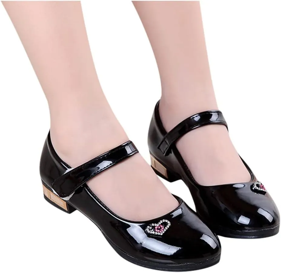 Girls Mary Jane Dress Shoes for Girls Low Heel Princess Heart hinestones Hook and Loop Pary Wedding Flat