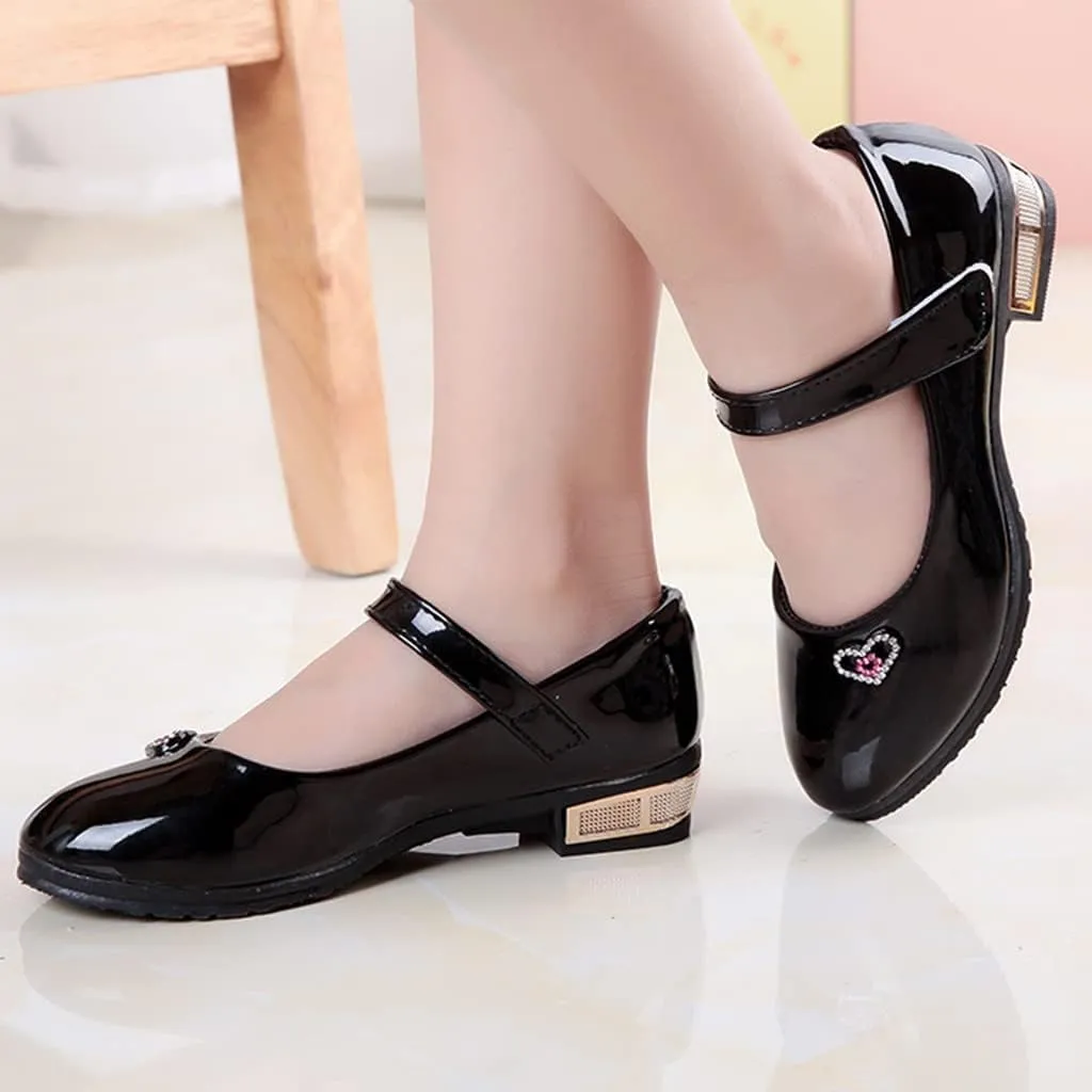 Girls Mary Jane Dress Shoes for Girls Low Heel Princess Heart hinestones Hook and Loop Pary Wedding Flat