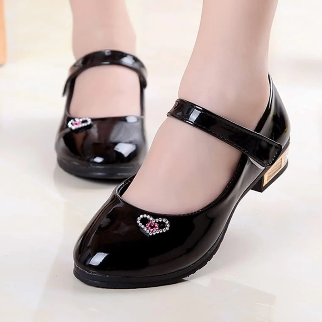 Girls Mary Jane Dress Shoes for Girls Low Heel Princess Heart hinestones Hook and Loop Pary Wedding Flat