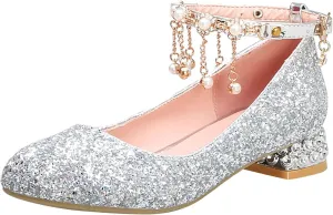 Girls Mary Jane Dress Shoes Rhinestones Pearls Flower Girl Wedding Low Heels Toddler Little Kids Pump Shoes