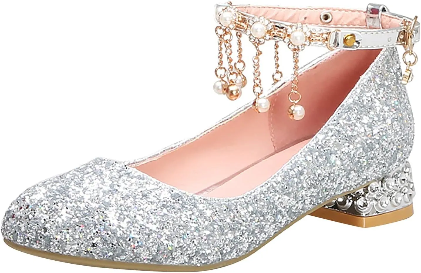 Girls Mary Jane Dress Shoes Rhinestones Pearls Flower Girl Wedding Low Heels Toddler Little Kids Pump Shoes