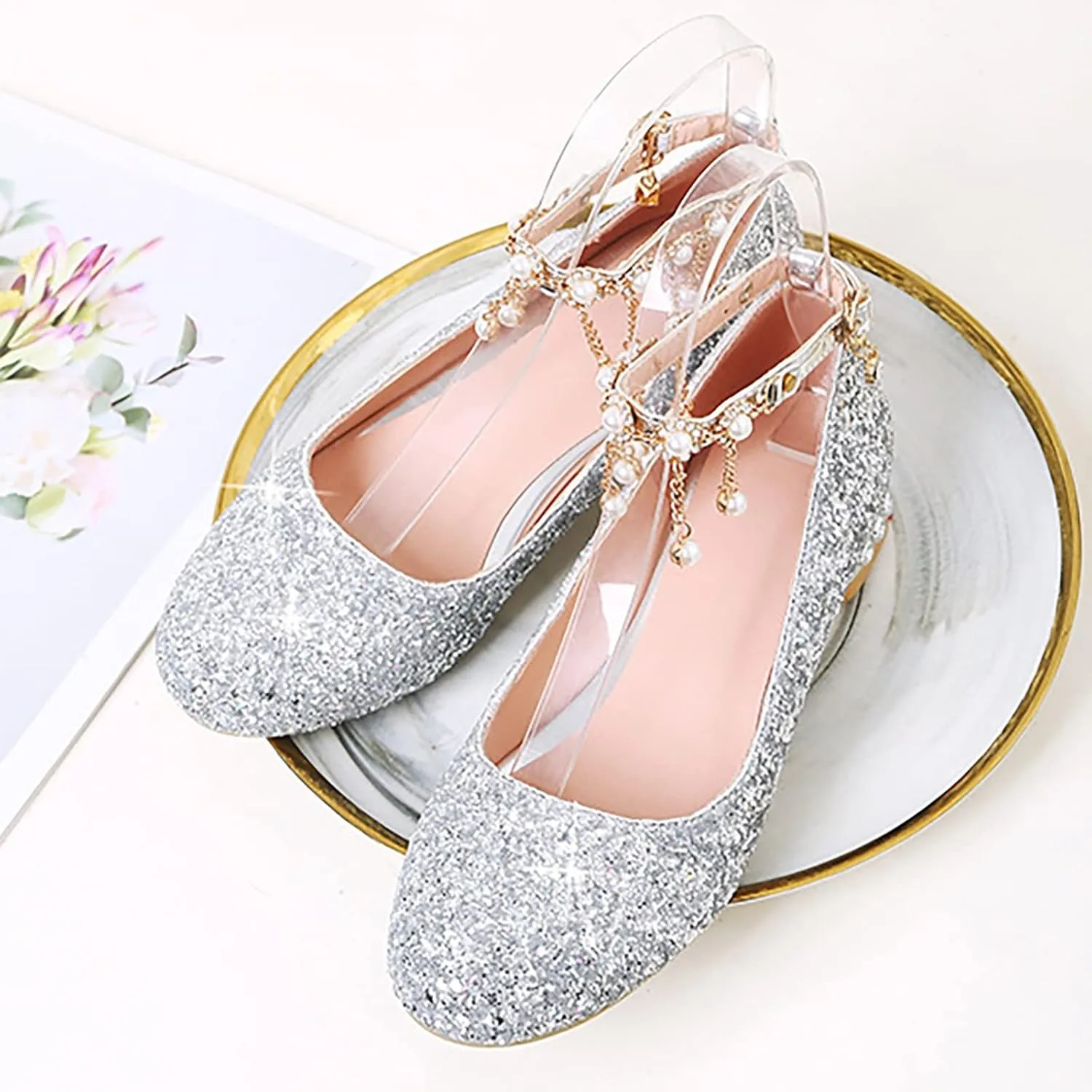 Girls Mary Jane Dress Shoes with Rhinestones Pearls Flower Girl Wedding Low Heels Toddler Little Kids Pump Shoes