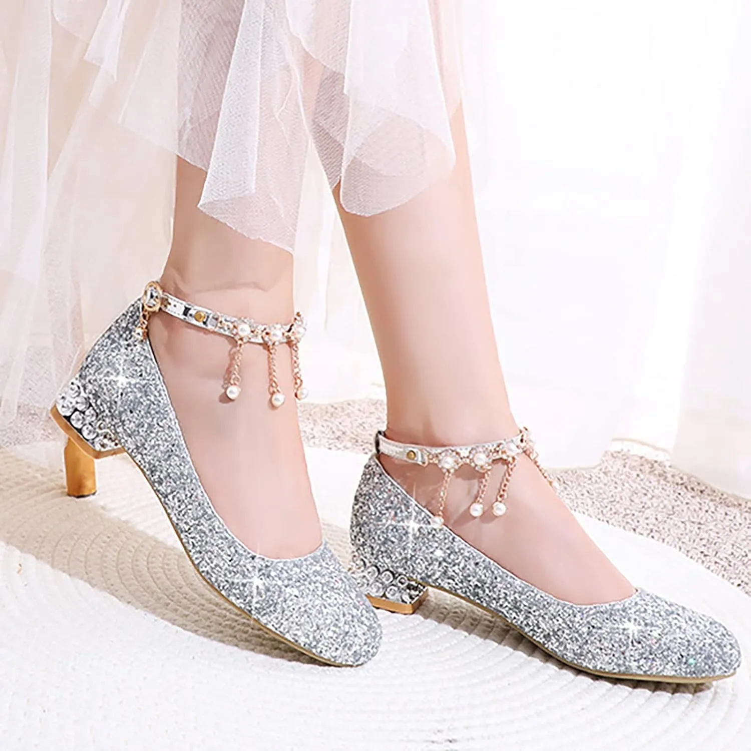 Girls Mary Jane Dress Shoes with Rhinestones Pearls Flower Girl Wedding Low Heels Toddler Little Kids Pump Shoes