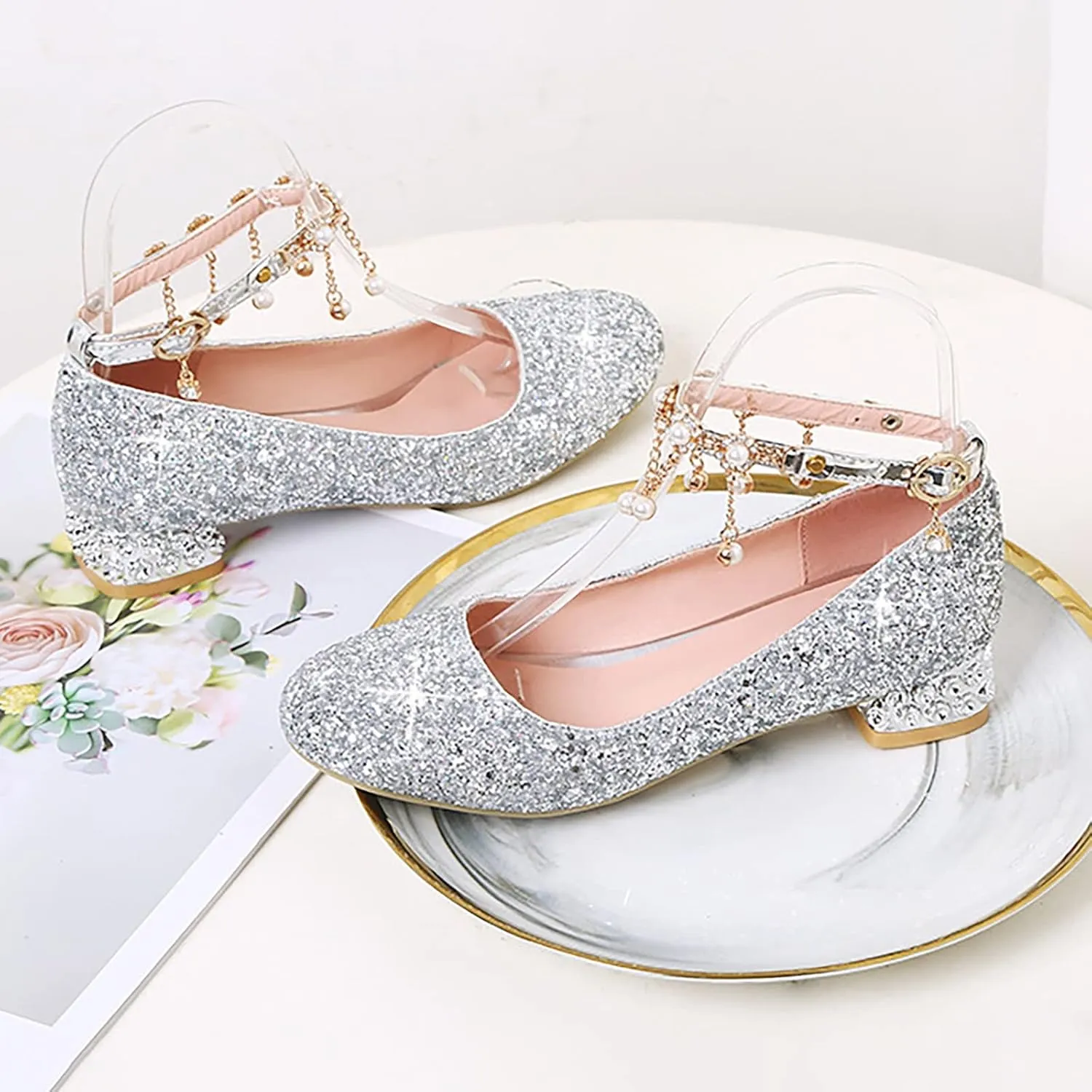 Girls Mary Jane Dress Shoes with Rhinestones Pearls Flower Girl Wedding Low Heels Toddler Little Kids Pump Shoes