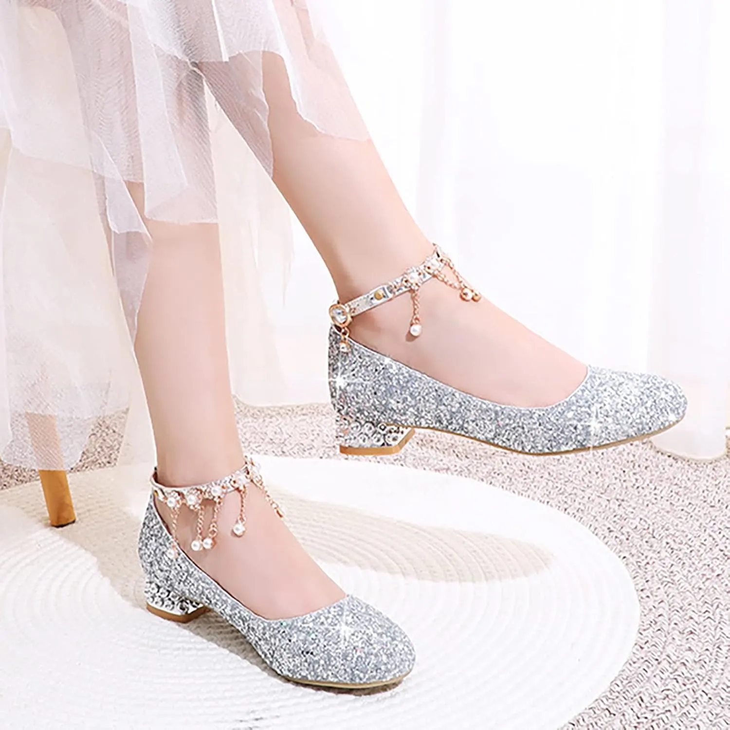 Girls Mary Jane Dress Shoes with Rhinestones Pearls Flower Girl Wedding Low Heels Toddler Little Kids Pump Shoes