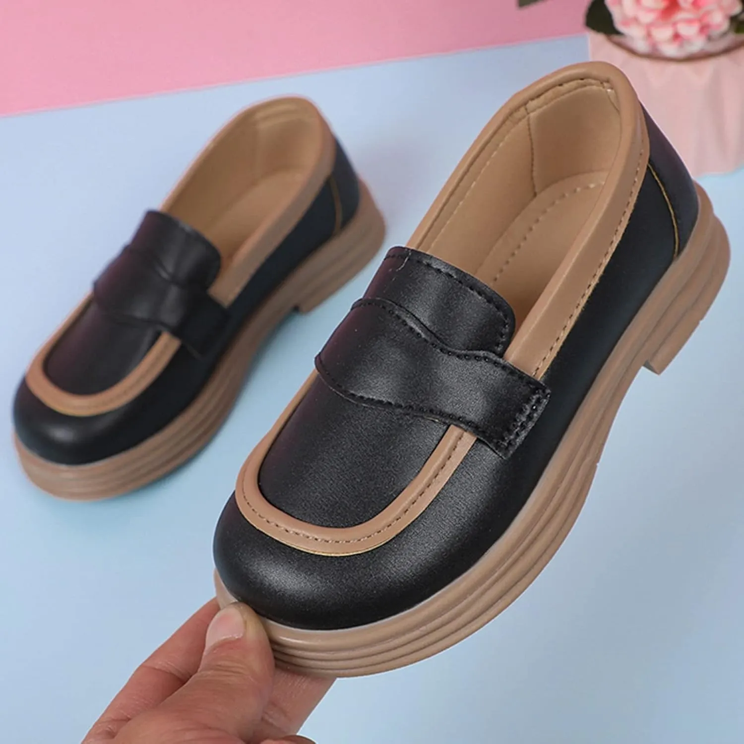 Girls PU Leather Loafers Mary Jane Oxford Shoes Chunky Heel Flat Toddler Uniform Platform for School Part Wedding