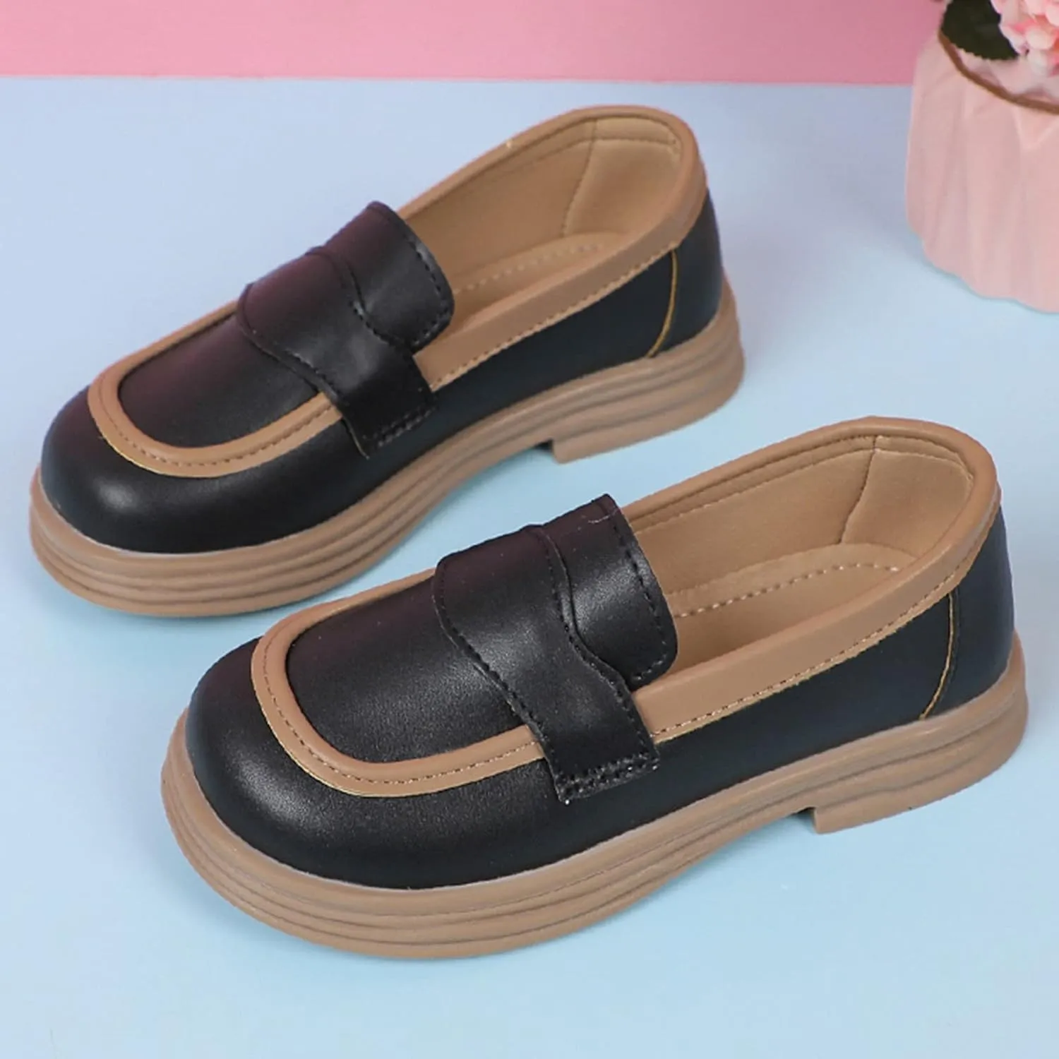 Girls PU Leather Loafers Mary Jane Oxford Shoes Chunky Heel Flat Toddler Uniform Platform for School Part Wedding
