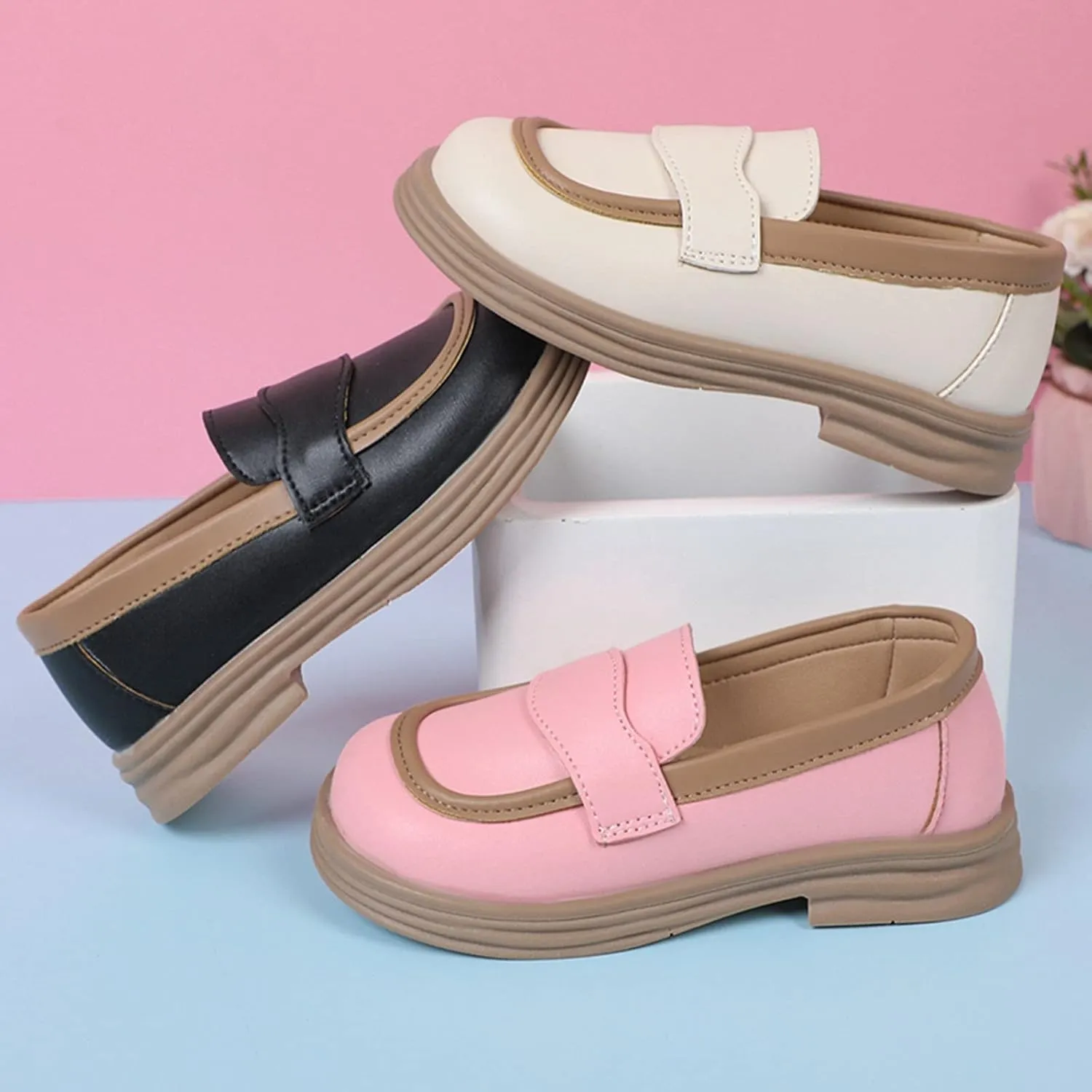 Girls PU Leather Loafers Mary Jane Oxford Shoes Chunky Heel Flat Toddler Uniform Platform for School Part Wedding