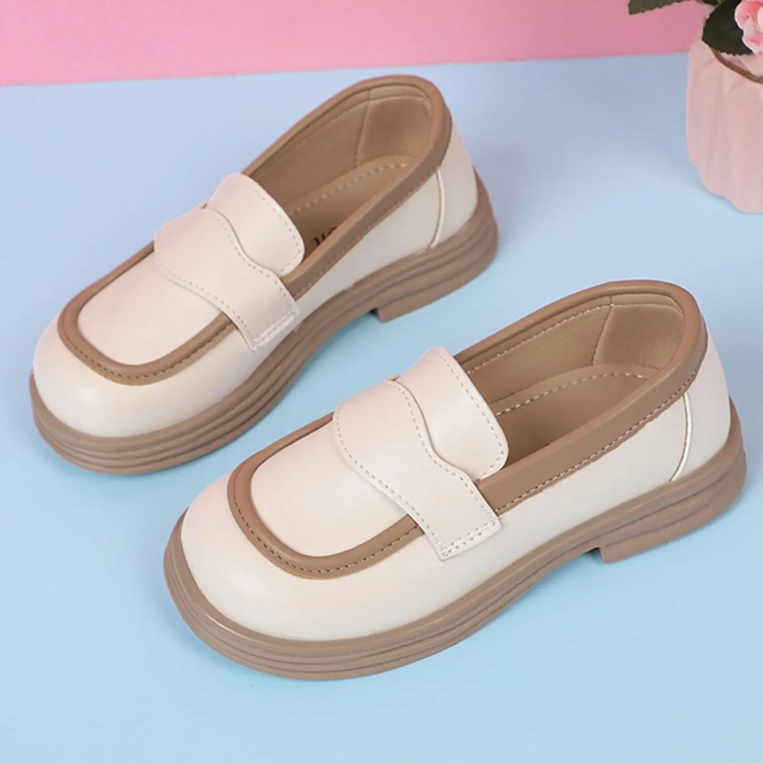 Girls PU Leather Loafers Mary Jane Oxford Shoes Chunky Heel Flat Toddler Uniform Platform for School Part Wedding