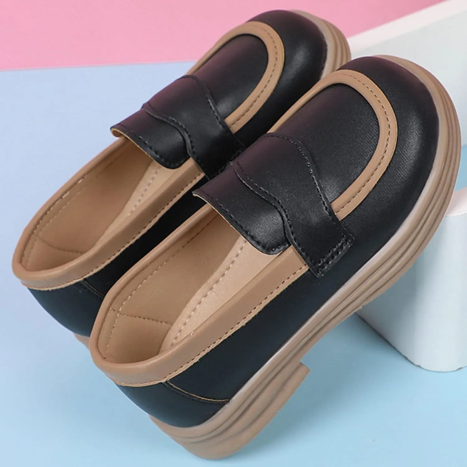 Girls PU Leather Loafers Mary Jane Oxford Shoes Chunky Heel Flat Toddler Uniform Platform for School Part Wedding