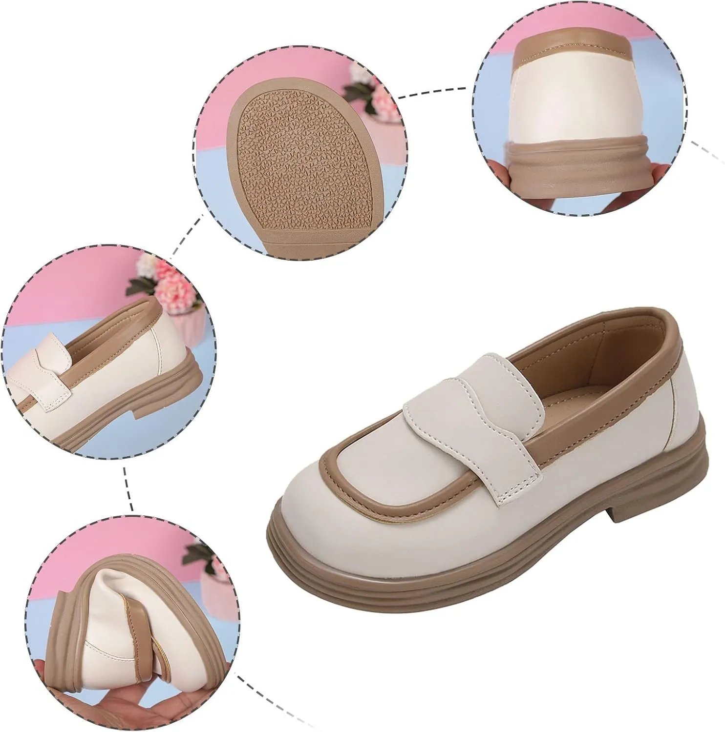 Girls PU Leather Loafers Mary Jane Oxford Shoes Chunky Heel Flat Toddler Uniform Platform for School Part Wedding